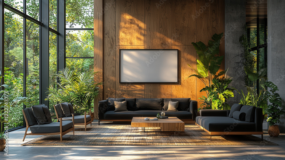 Modern Living Room with Sunlit Wall: A contemporary living room design showcases a dark, plush sofa set, complemented by wooden accents and abundant greenery, all bathed in the warm. Modern Living Room with Sunlit Wall: A contemporary living room design showcases a dark, plush sofa set, complemented by wooden accents and abundant greenery, all bathed in the warm.