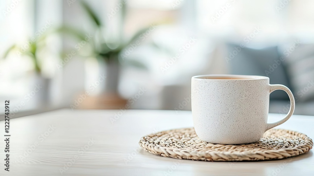 Fototapeta premium Minimalist home concept. A serene photo of a coffee cup on a rustic coaster in a bright, inviting space.