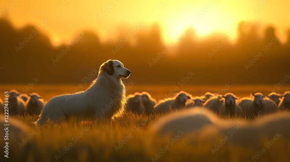 Fototapeta premium a shepherd dog in the prairie is putting a flock of sheep 