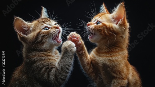 Two tabby cats are playfully interacting on a black background.