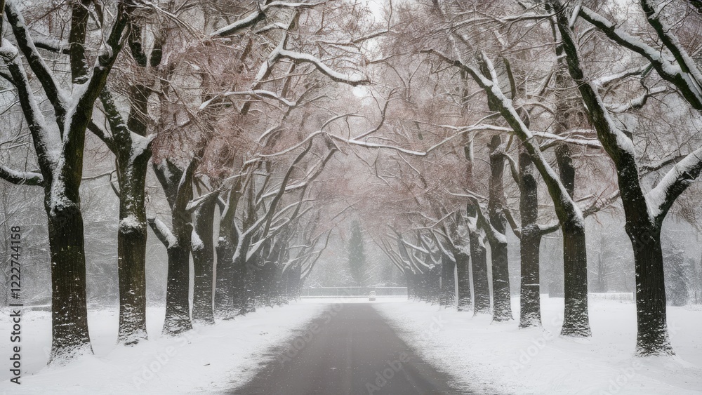 Winter scene featuring snow-covered trees lining a serene pathway with soft light filtering through branches creating a tranquil atmosphere. Winter scene featuring snow-covered trees lining a serene pathway with soft light filtering through branches creating a tranquil atmosphere.