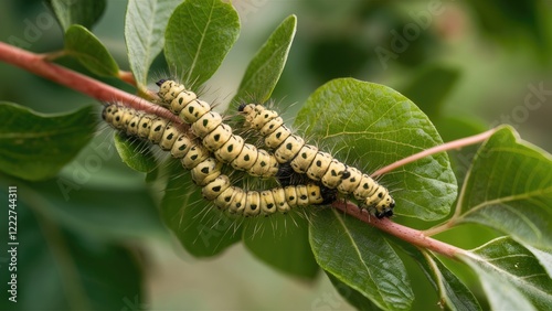 Close-up of multiple yellow and black caterpillars on green leaves of a fruit tree, showcasing detailed textures and vibrant foliage. photo