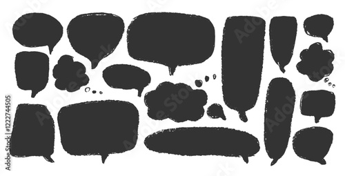 Speech bubbles set. Crayon doodle text frames. Chat dialog boxes. Comic talk clouds by chalk or pencil isolated on white background. Childish style quotation balloon Vector hand drawn illustration.