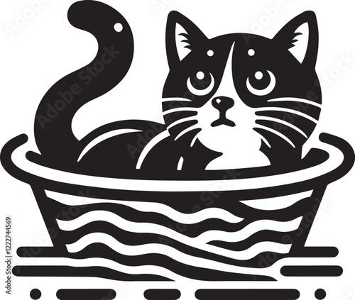 Cute Black and White Cat Taking a Bath. A whimsical black and white illustration of a cat enjoying a bath in a vintage-style bathtub.