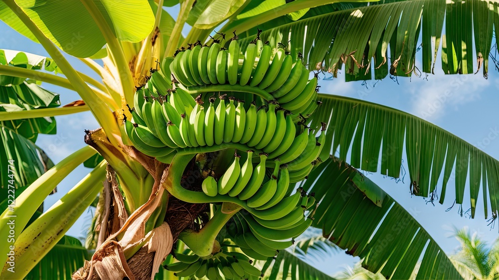 Obraz premium Vibrant green banana tree with lush leaves and clusters of unripe bananas under bright tropical sunlight against a clear blue sky