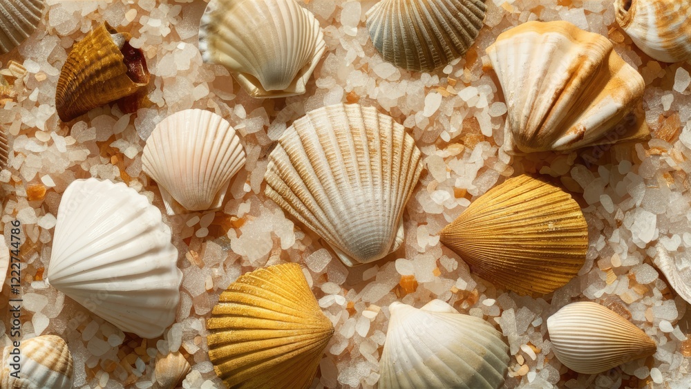 Textured background with various seashells in cream and beige tones scattered over white sea salt, creating a coastal vibe. Textured background with various seashells in cream and beige tones scattered over white sea salt, creating a coastal vibe.