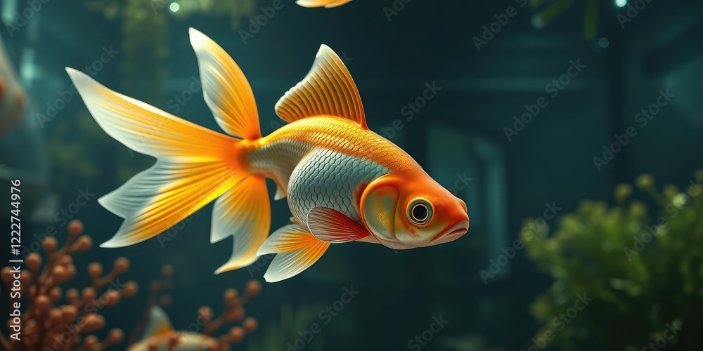 Goldfish moving towards the center of its habitat , circular shape, curved tank Goldfish moving towards the center of its habitat , circular shape, curved tank