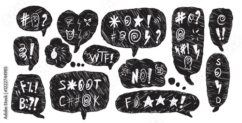 Speech bubbles with swear words. Curse crayon doodle text. Negative expression on chat dialog boxes. Aggressive swearwords isolated on white background. Vector hand drawn illustration.