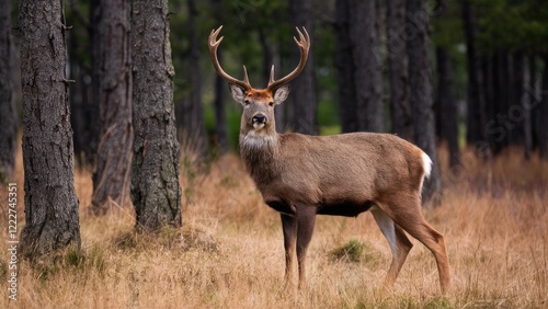 Wallpaper Mural Majestic deer with prominent antlers standing alert among tall brown grass and dark green pine trees in a serene protected habitat. Torontodigital.ca