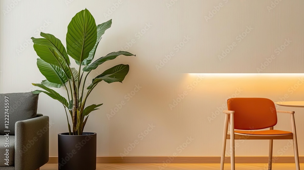 Minimalist home concept. Elegant interior showcasing a plant and modern furniture for a tranquil atmosphere. Minimalist home concept. Elegant interior showcasing a plant and modern furniture for a tranquil atmosphere.