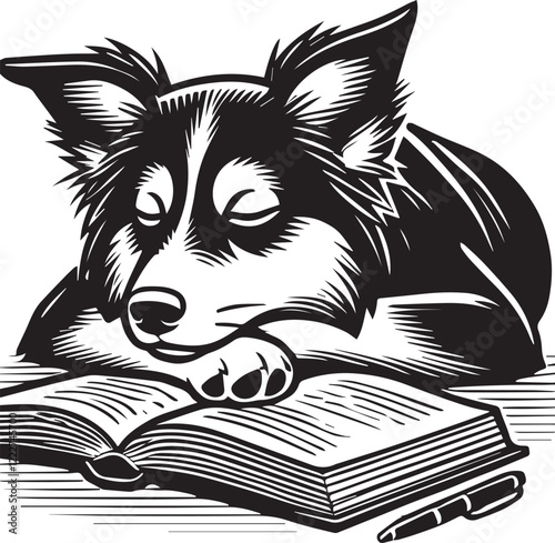 Sleepy Border Collie Dog Reading a Book. A charming black and white illustration of a Border Collie dog resting its head on a book, seemingly asleep or deeply engrossed in its contents.
