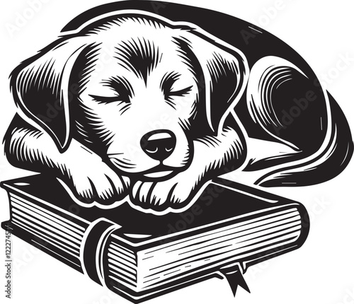 Sleepy Border Collie Dog Reading a Book. A charming black and white illustration of a Border Collie dog resting its head on a book, seemingly asleep or deeply engrossed in its contents.