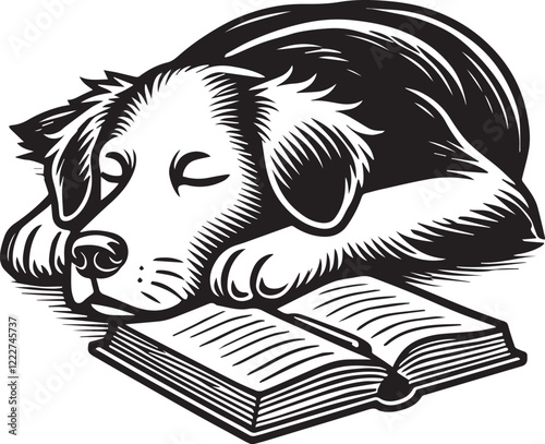 Sleepy Border Collie Dog Reading a Book. A charming black and white illustration of a Border Collie dog resting its head on a book, seemingly asleep or deeply engrossed in its contents.