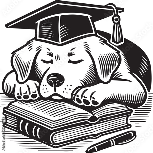 Sleepy Border Collie Dog Reading a Book. A charming black and white illustration of a Border Collie dog resting its head on a book, seemingly asleep or deeply engrossed in its contents.
