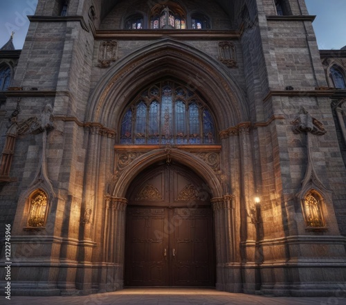 Grand entrance of tall church with imposing facade , columns, brick, church