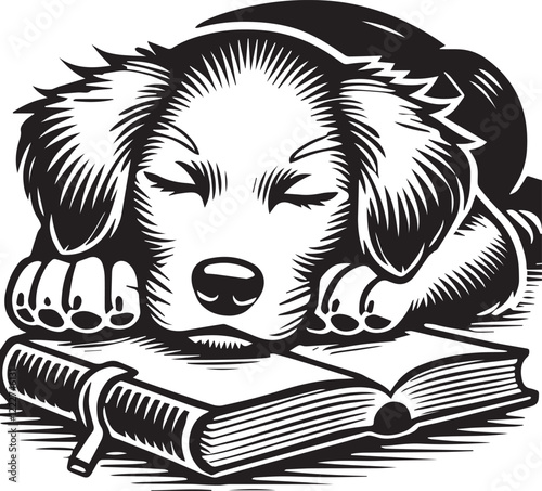 Sleepy Border Collie Dog Reading a Book. A charming black and white illustration of a Border Collie dog resting its head on a book, seemingly asleep or deeply engrossed in its contents.