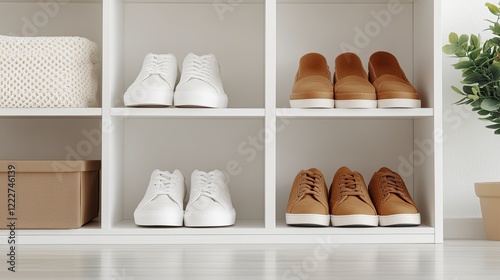 Neatly arranged shoes and slippers in boxes on white wooden shelves showcase a Scandinavian-style home storage solution photo