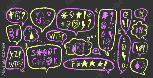Speech bubbles with swear words. Curse crayon doodle text. Bad bulling expression on chat dialog boxes. Aggressive swearwords isolated on black background. Haters signs. Vector hand drawn illustration