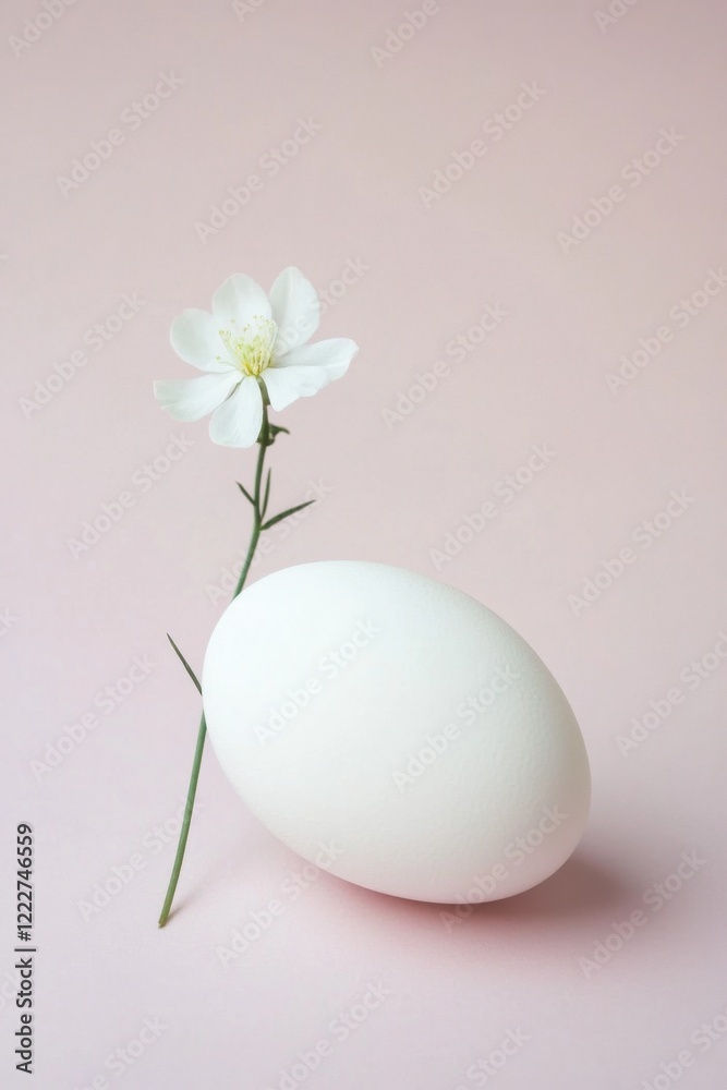 Elegant white egg adorned with a delicate flower on a minimalistic surface captures a serene and artistic moment Elegant white egg adorned with a delicate flower on a minimalistic surface captures a serene and artistic moment