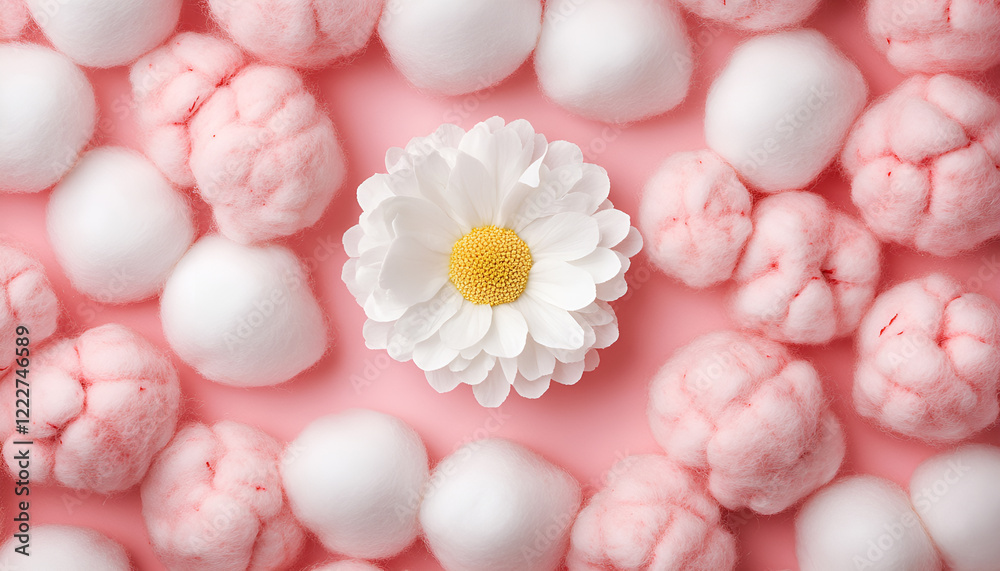 Flower on clean cotton balls, top view. Space for text Flower on clean cotton balls, top view. Space for text