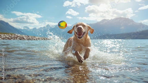 Happy dog splashes in clear water while chasing a colorful ball near mountains on a sunny day photo