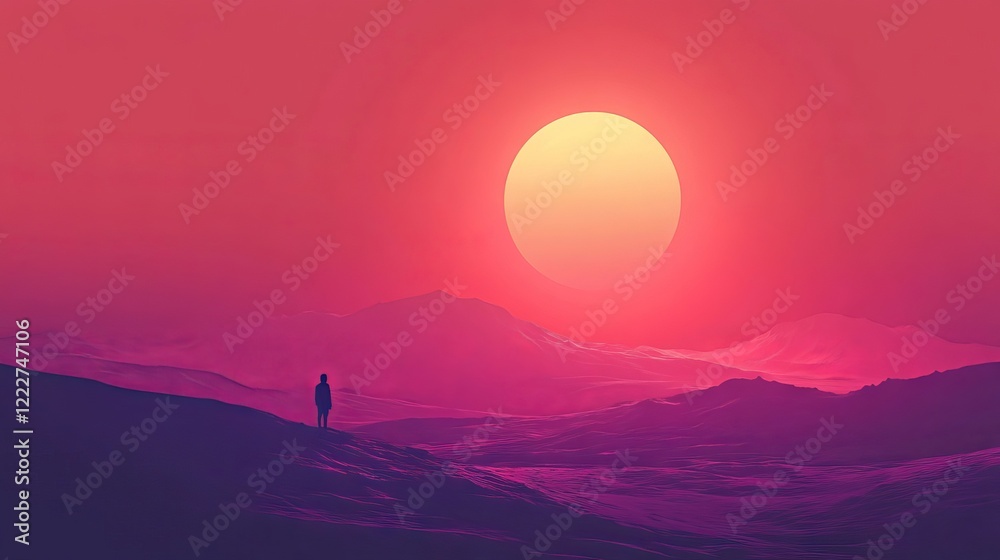 Sunset over rugged hills with a lone figure silhouetted against a vibrant sky Sunset over rugged hills with a lone figure silhouetted against a vibrant sky
