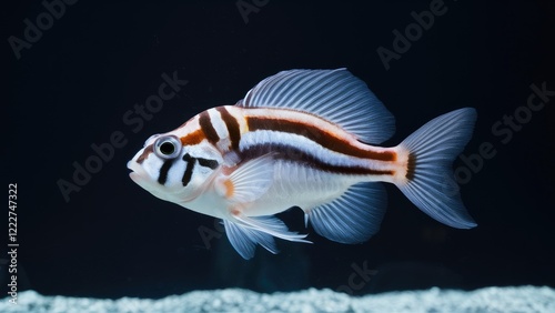 Zebrafish Danio rerio swimming against a solid black backdrop with vibrant white and orange stripes showcasing fine details and graceful fins. photo