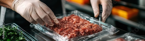 Person inspecting a packet of ground meat with grayish discoloration, food safety awareness concept, supermarket environment. photo