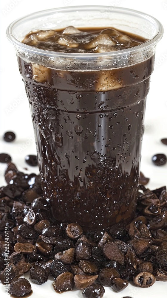Iced coffee drink, beans, refreshment, studio shot, beverage, background Iced coffee drink, beans, refreshment, studio shot, beverage, background