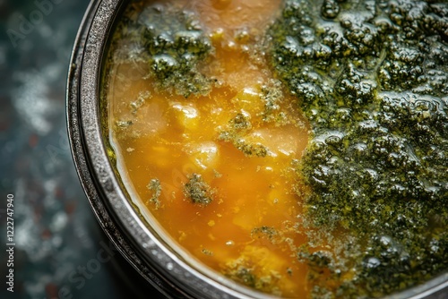 A close-up focus on texture and detail of an open container of spoiled soup with visible green mold and slimy surface. photo