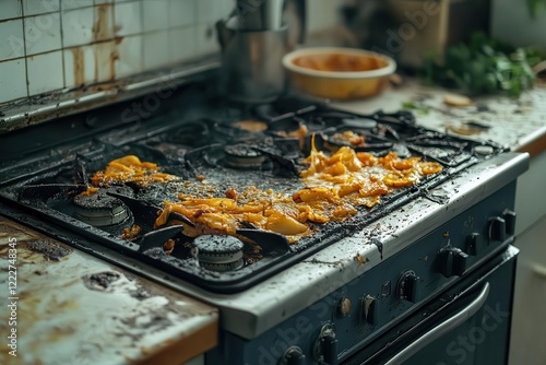 Greasy stove with food splatters and burnt remains, a testament to household cleanliness neglect, redefining kitchen maintenance. photo