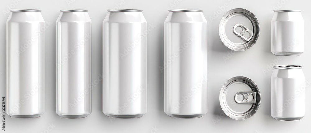 A collection of blank beverage cans in various sizes, showcasing their design potential. A collection of blank beverage cans in various sizes, showcasing their design potential.