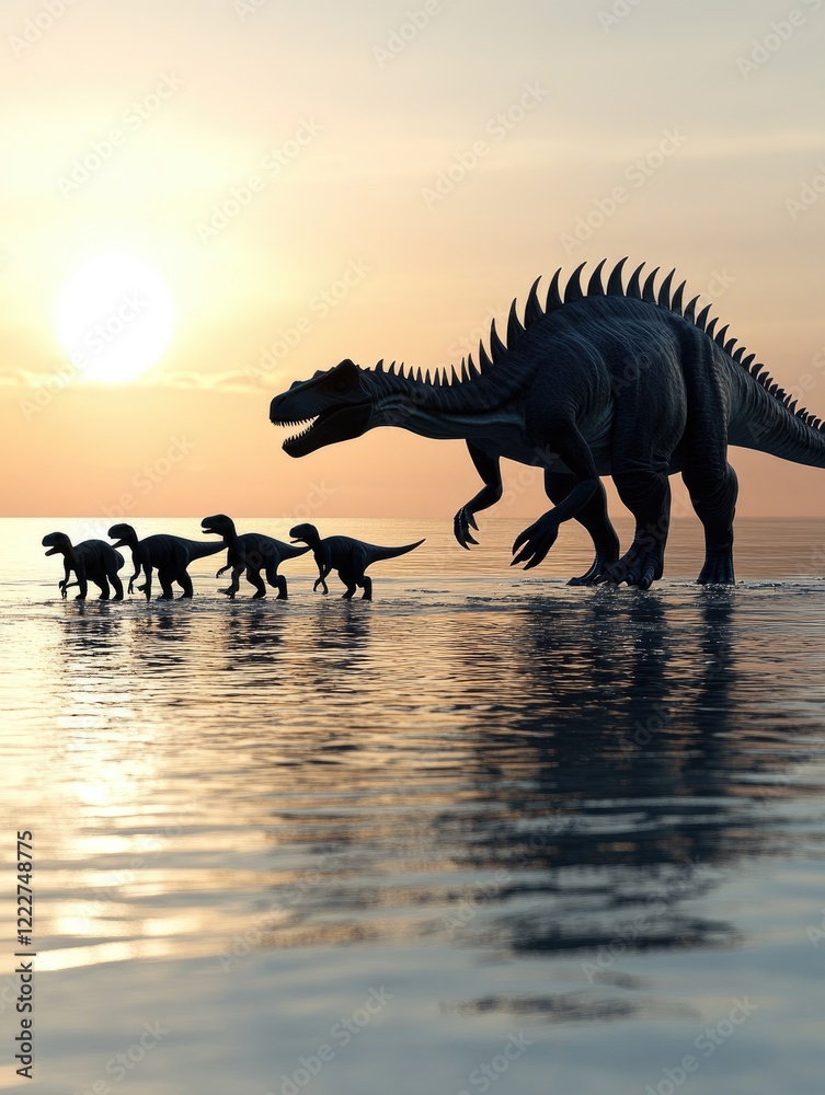 Fototapeta premium Dinosaur family at sunset, ocean background. Prehistoric wildlife illustration for education