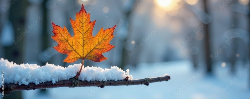 A single oak leaf placed delicately on a snow-covered branch, icy landscapes, nature photography A single oak leaf placed delicately on a snow-covered branch, icy landscapes, nature photography