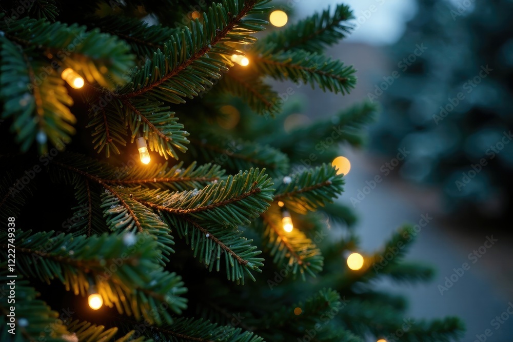 A string of fairy lights is wrapped around the trunk of a towering evergreen Christmas tree, Nature, Fairy Lights, Christmas A string of fairy lights is wrapped around the trunk of a towering evergreen Christmas tree, Nature, Fairy Lights, Christmas