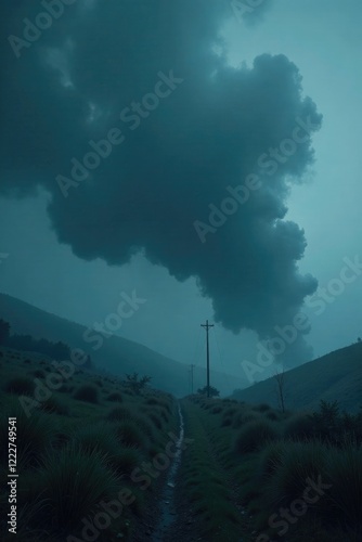 Black fog creeps across the land like an evil entity, supernatural, ominous