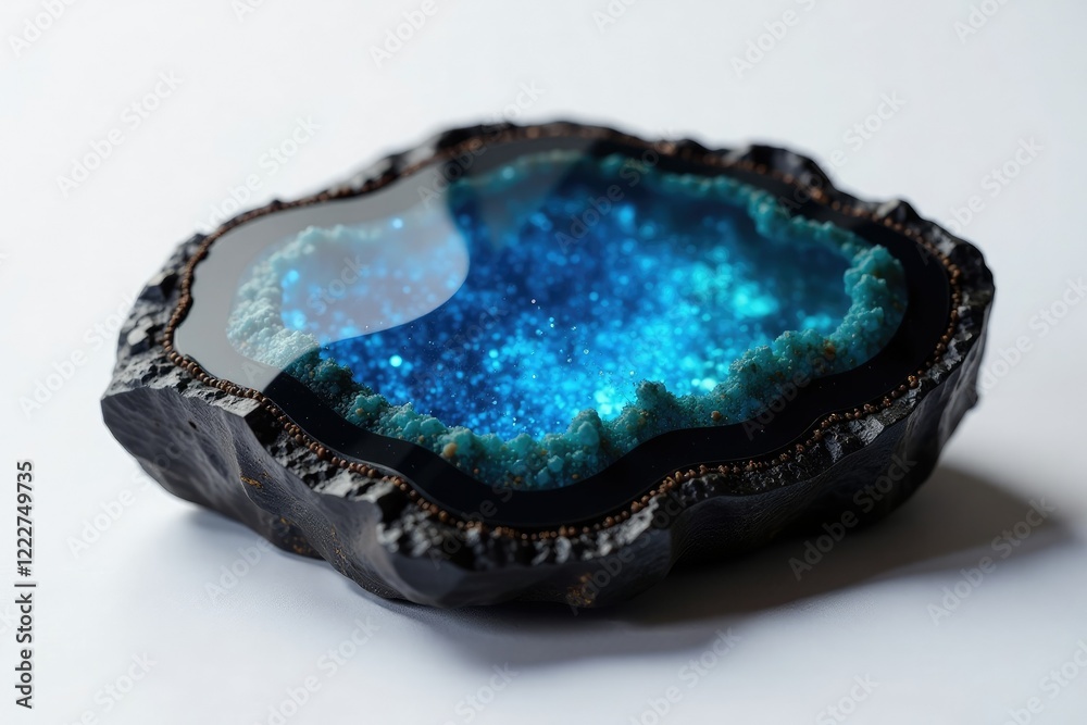 Blue gemstone embedded in a black obsidian rock slab, , Obsidian Blue gemstone embedded in a black obsidian rock slab, , Obsidian