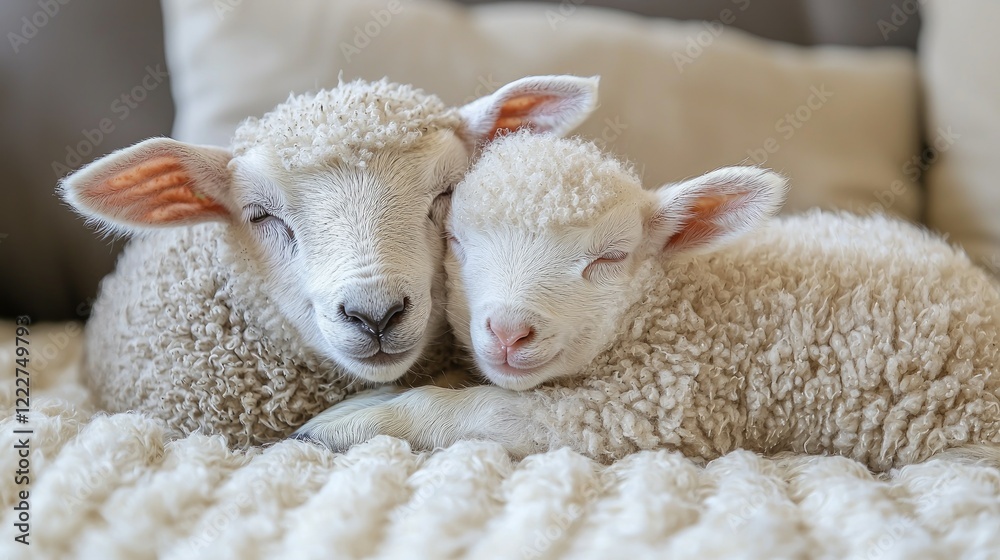 Two Lambs Sleeping Peacefully Together On Soft Blanket Two Lambs Sleeping Peacefully Together On Soft Blanket