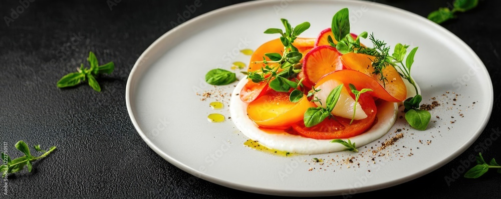 Whole foods concept. A vibrant dish featuring fresh fruits and herbs on a stylish plate. Whole foods concept. A vibrant dish featuring fresh fruits and herbs on a stylish plate.