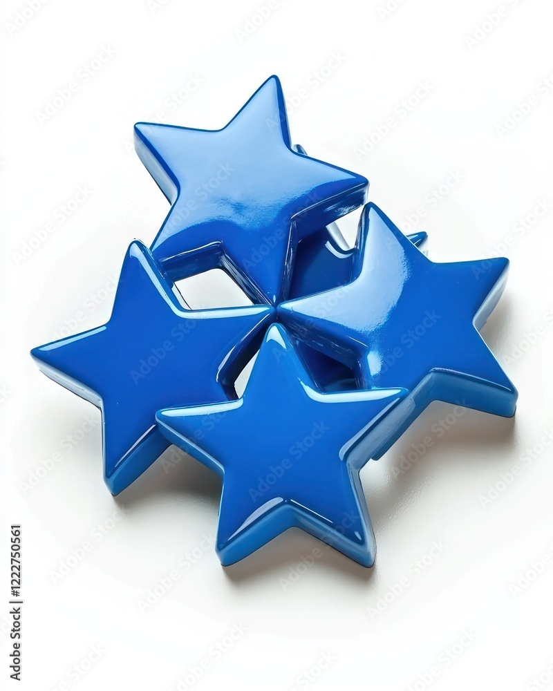 A cluster of shiny blue star-shaped objects arranged on a white surface. A cluster of shiny blue star-shaped objects arranged on a white surface.