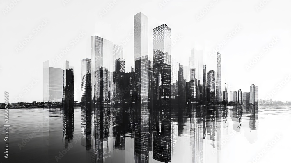 Fototapeta premium Black and white skyline reflecting on water captures urban beauty and architecture in a serene atmosphere