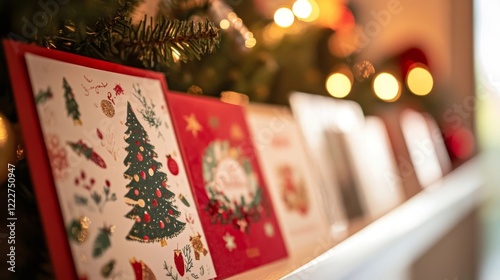 Festive holiday cards displayed on a mantel with warm lights creating a cozy atmosphere during the Christmas season