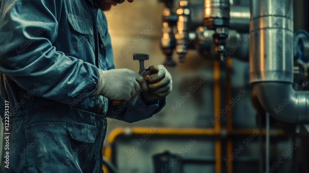 A close-up of a plumber in coveralls and gloves, holding a pipe wrench with plumbing fixtures and pipes in the background, Plumbing scene A close-up of a plumber in coveralls and gloves, holding a pipe wrench with plumbing fixtures and pipes in the background, Plumbing scene