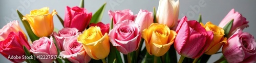 Exquisite bouquet featuring a blend of colorful roses and tulips, arrangement, blossoms, flowers