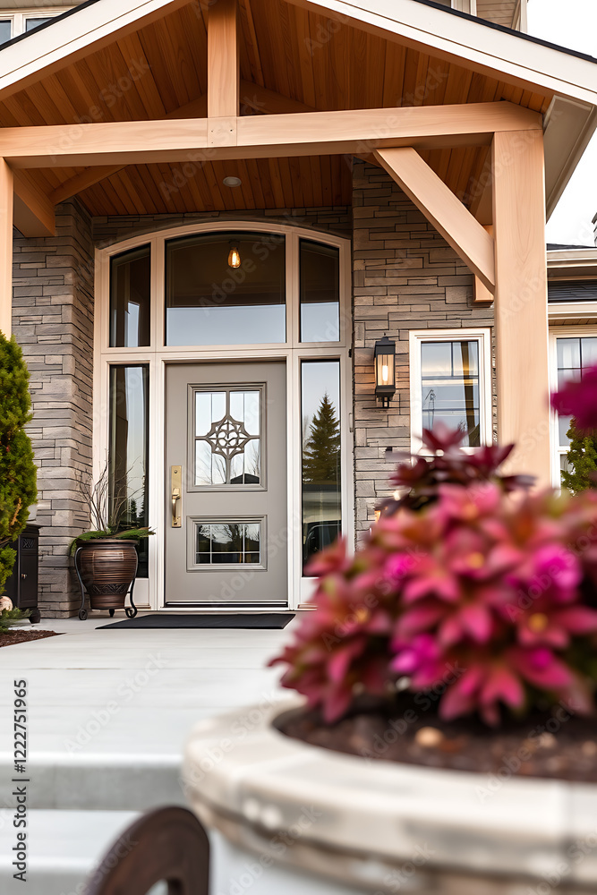 Fototapeta premium Modern House Exterior Design: Stone, Wood, and Glass Entrance