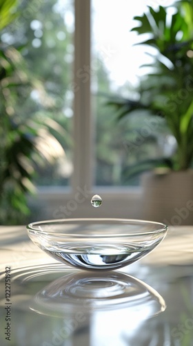 Glass Bowl with Droplet on Sunlit Table. Generated AI photo