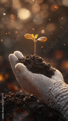 Golden Hour Seedling in Woolen Glove. Generated AI photo