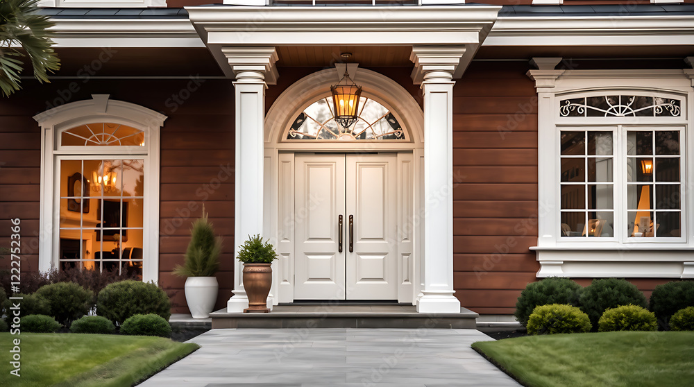 Obraz premium Elegant Home Exterior: Classic Architecture and Landscaping. Discover the timeless beauty of this luxury residence, showcasing impeccable design and curb appeal.