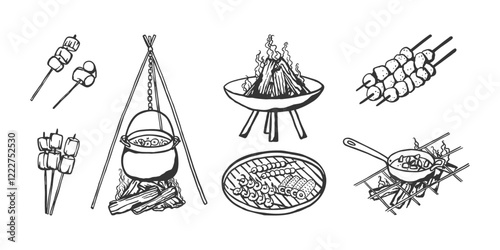 Bbq grill hand drawn set. Different barbecue tools and food elements in sketch style