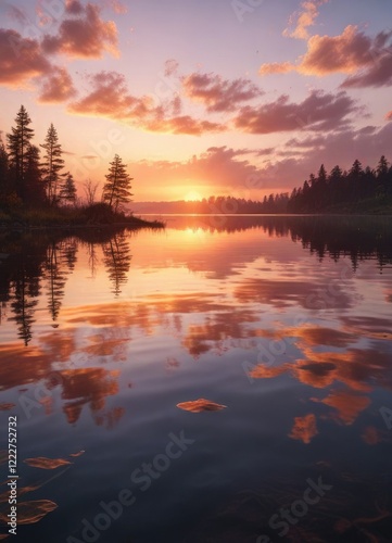 Gentle ripples on the surface of a still lake at sunset, serenity, stillness, lake